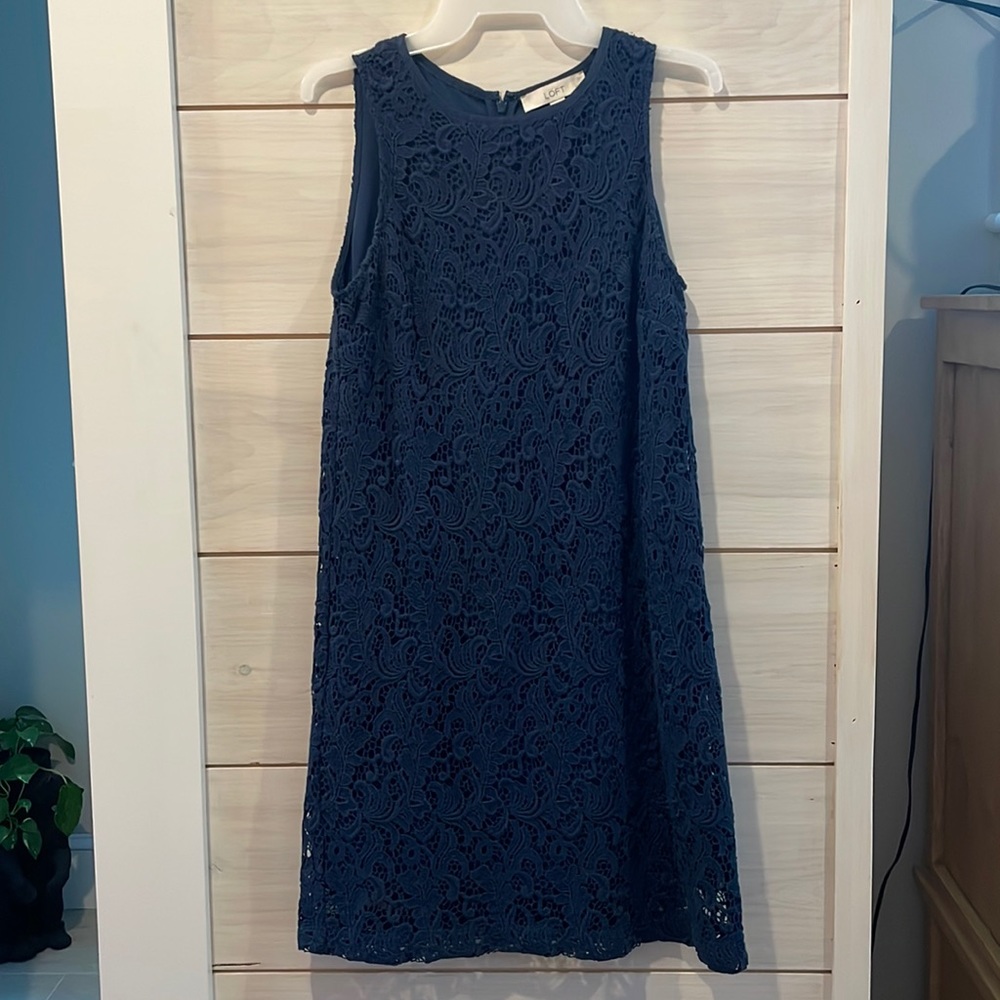 Ann Taylor Loft Dress - 6 Petite - Blue Lace Shift Dress